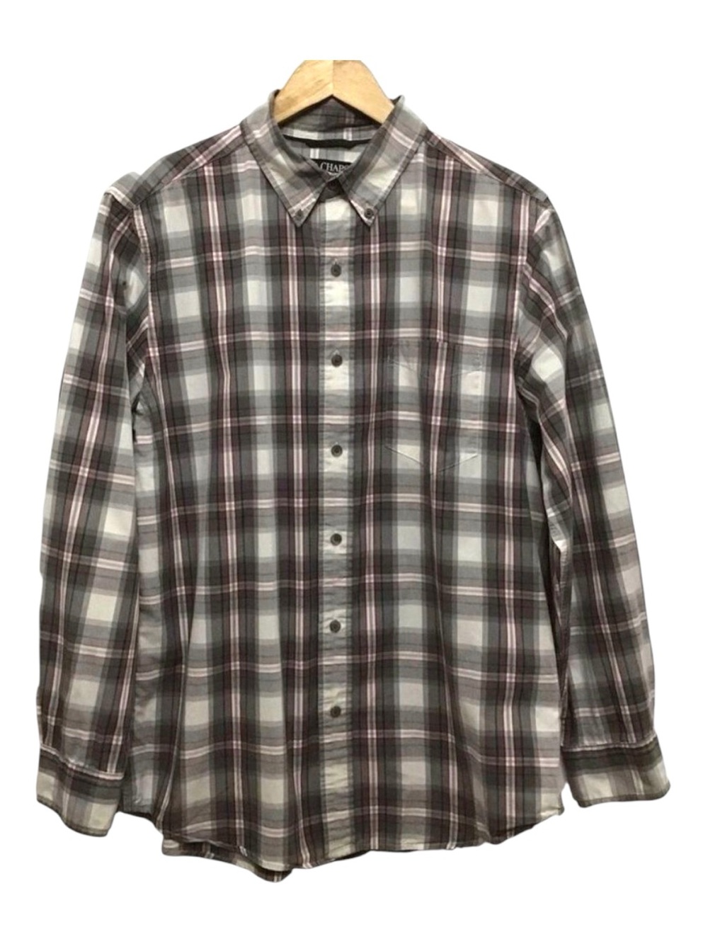 CHAPS men plaid button down shirt 100% lightweight cotton white grey red medium